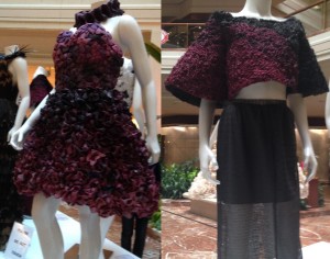 Dresses Made Using Egg Cartons (l) and Hair and Garbage Bags (r)
